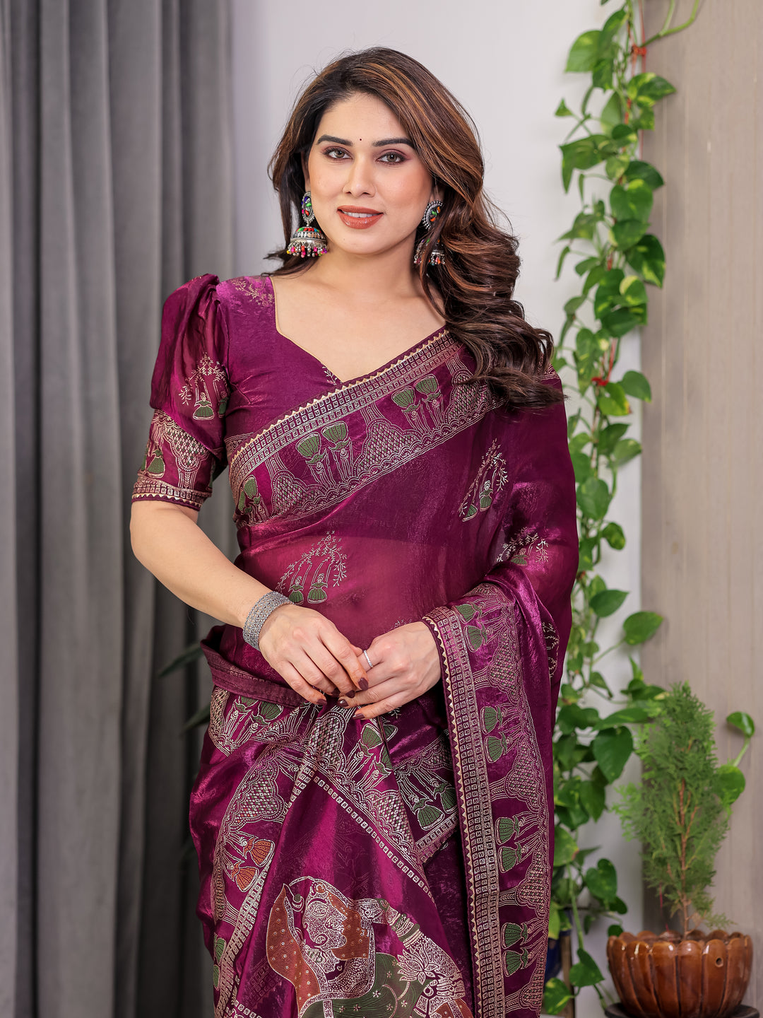 Wine Plum Fendi Satin Block & Foil Print Saree with Traditional Motif Border & Tassel Detail Blouse