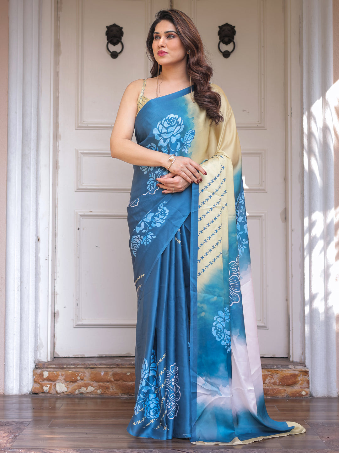 Steel Blue Ombre Floral Satin Georgette Saree with Contrast Pallu & Unstitched Blouse – Modern Festive & Party Wear