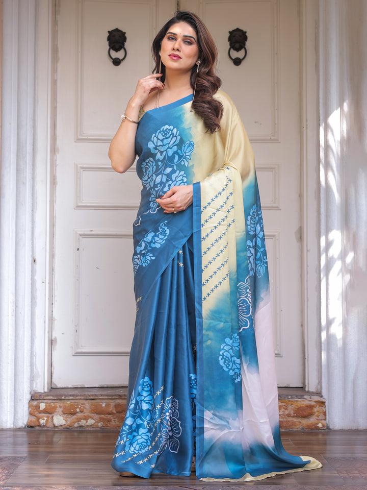 Steel Blue Ombre Floral Satin Georgette Saree with Contrast Pallu & Unstitched Blouse – Modern Festive & Party Wear