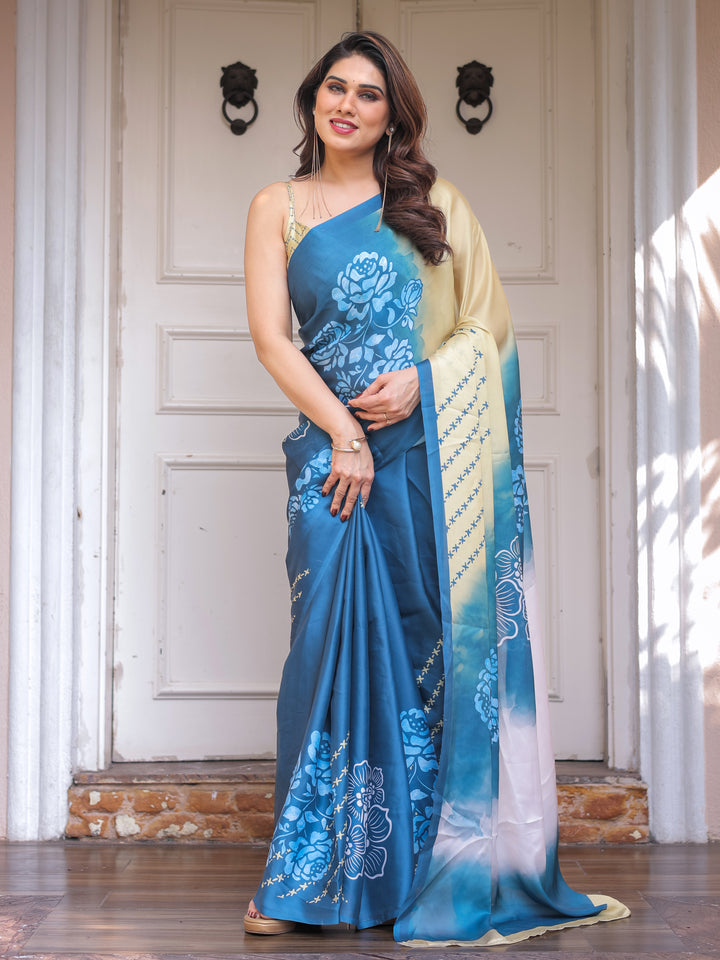 Steel Blue Ombre Floral Satin Georgette Saree with Contrast Pallu & Unstitched Blouse – Modern Festive & Party Wear