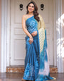 Steel Blue Ombre Floral Satin Georgette Saree with Contrast Pallu & Unstitched Blouse – Modern Festive & Party Wear