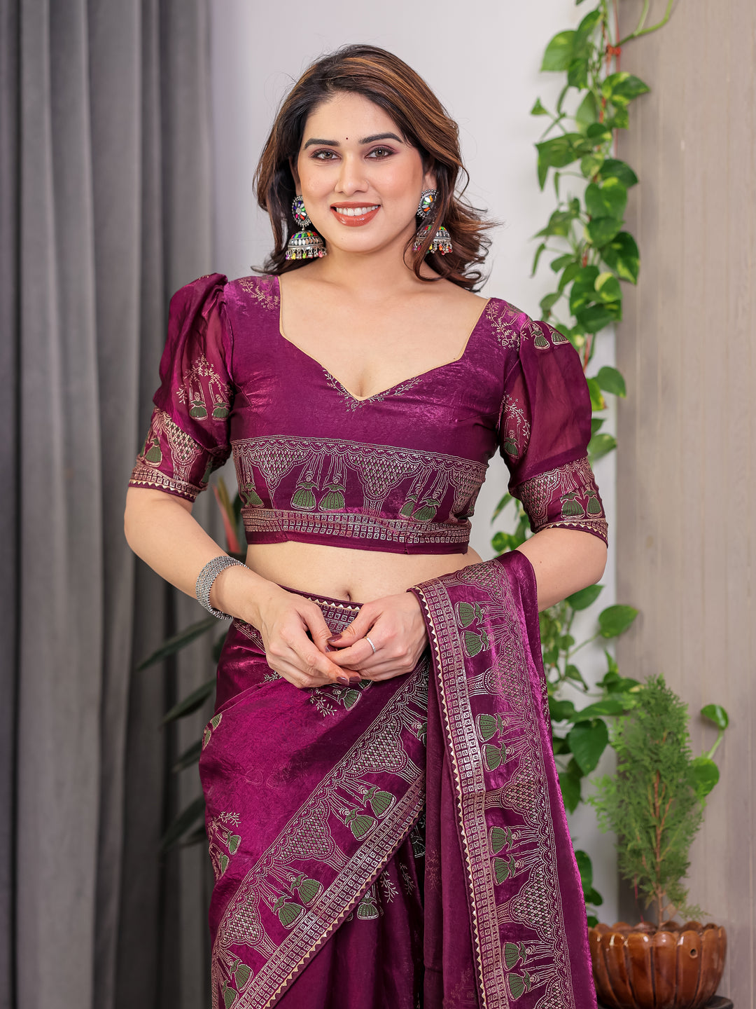 Wine Plum Fendi Satin Block & Foil Print Saree with Traditional Motif Border & Tassel Detail Blouse