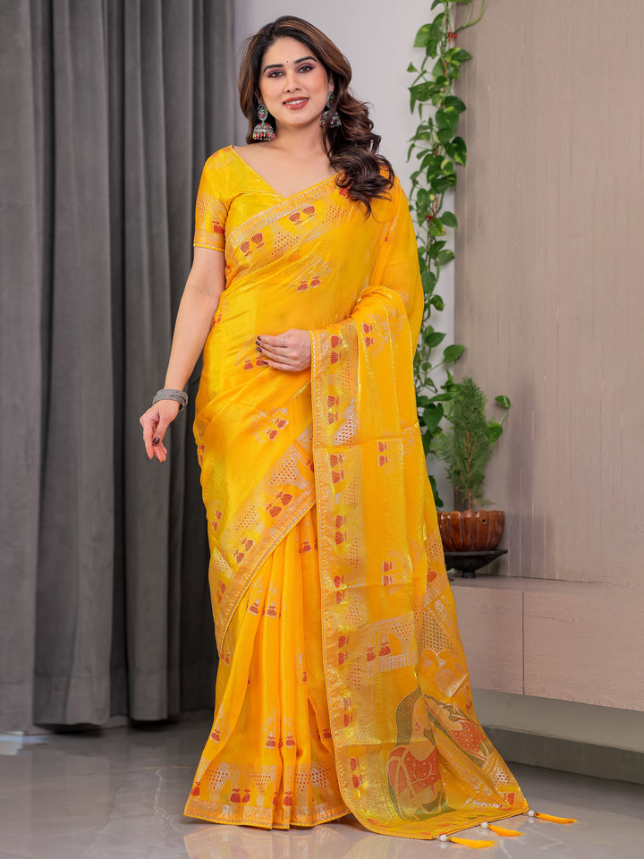 Mustard Yellow Fendi Satin Block & Foil Print Saree with Traditional Motif Border & Tassel Detail Blouse