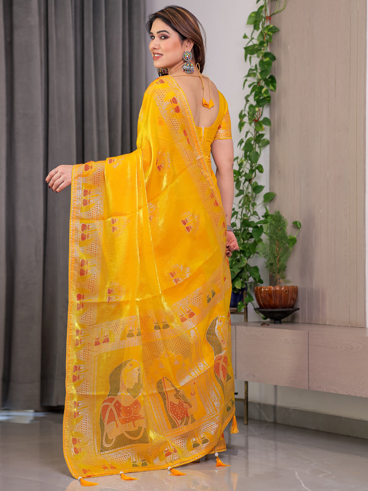 Mustard Yellow Fendi Satin Block & Foil Print Saree with Traditional Motif Border & Tassel Detail Blouse