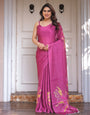 Rani Pink Floral Artistic Satin Georgette Saree with Contrast Placement Print & Unstitched Blouse – Festive & Party Wear