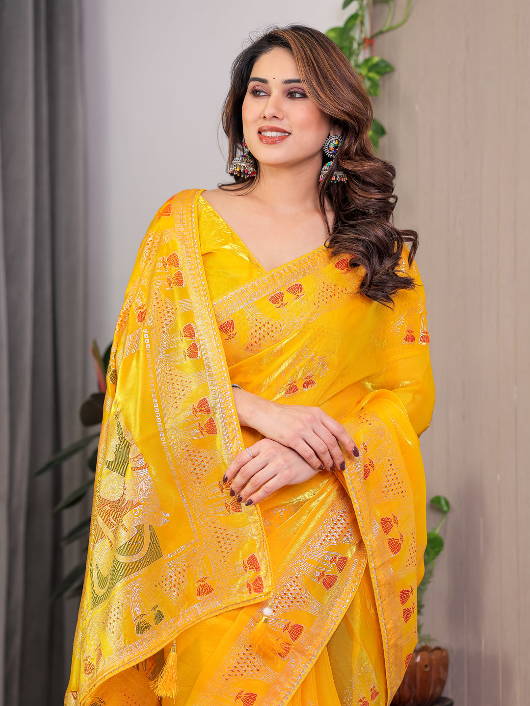 Mustard Yellow Fendi Satin Block & Foil Print Saree with Traditional Motif Border & Tassel Detail Blouse