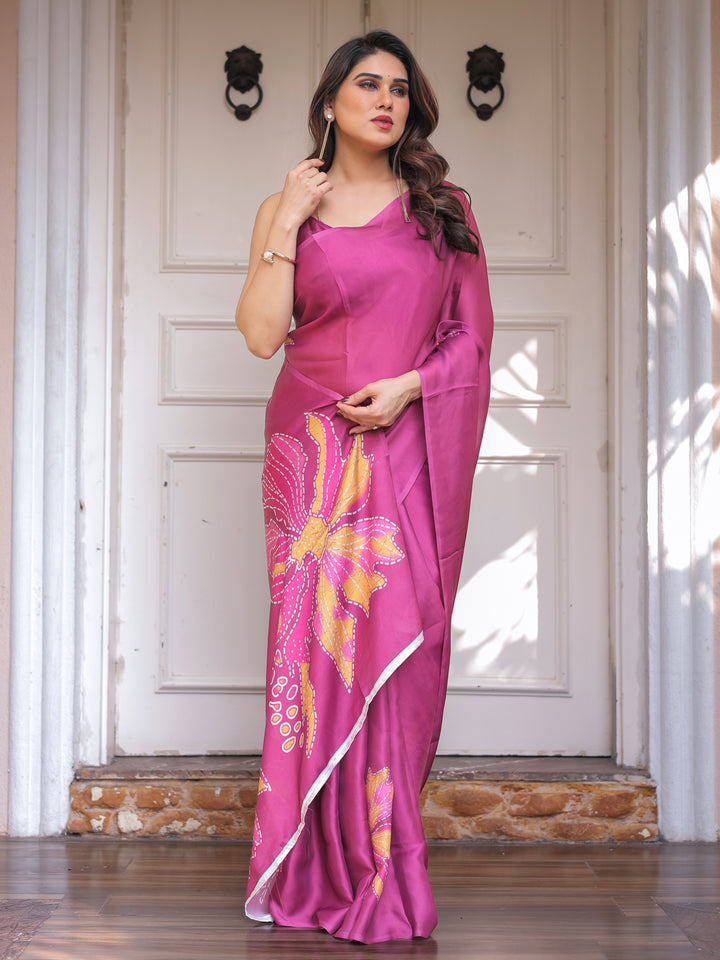 Rani Pink Floral Artistic Satin Georgette Saree with Contrast Placement Print & Unstitched Blouse – Festive & Party Wear