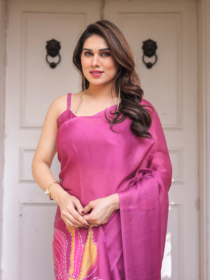 Rani Pink Floral Artistic Satin Georgette Saree with Contrast Placement Print & Unstitched Blouse – Festive & Party Wear
