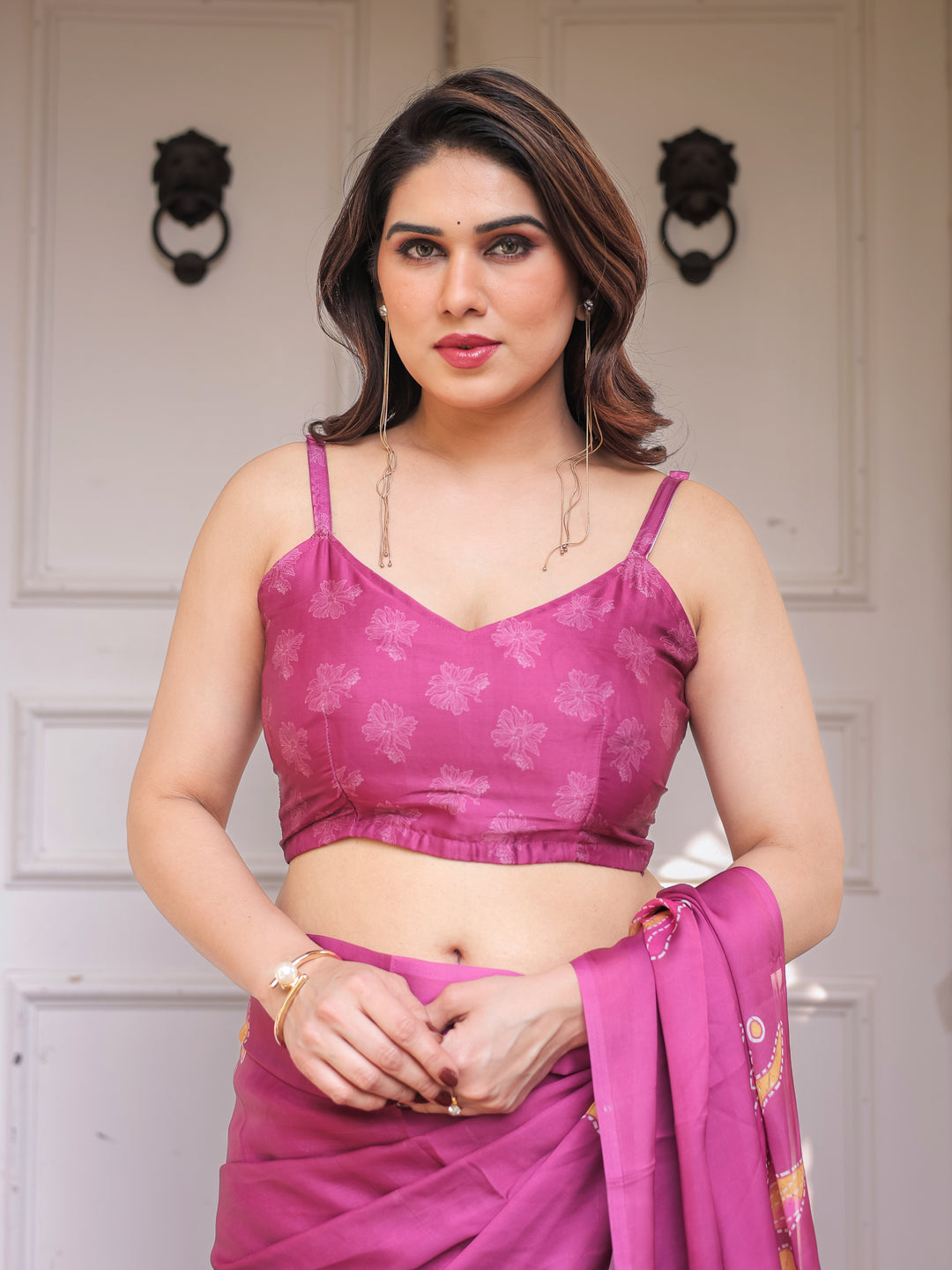 Rani Pink Floral Artistic Satin Georgette Saree with Contrast Placement Print & Unstitched Blouse – Festive & Party Wear