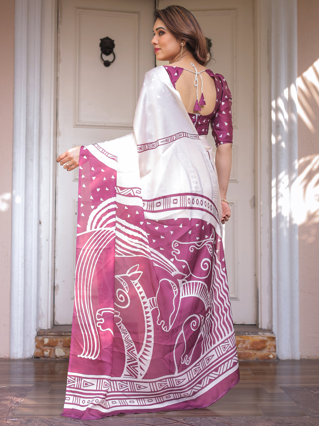 Ivory White & Wine Folk Art Printed Satin Georgette Saree with Tribal Border & Unstitched Blouse – Festive & Ethnic Wear