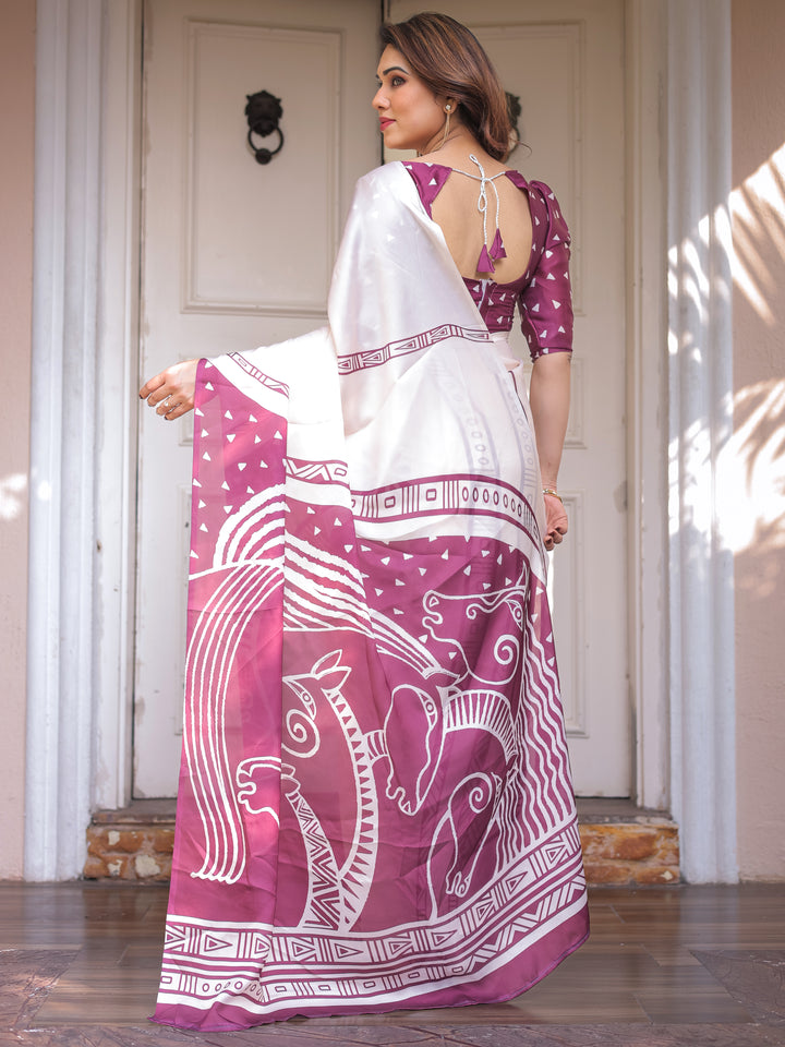 Ivory White & Wine Folk Art Printed Satin Georgette Saree with Tribal Border & Unstitched Blouse – Festive & Ethnic Wear