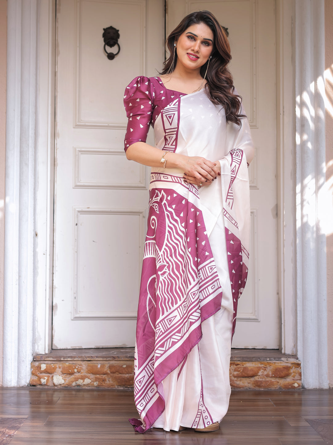 Ivory White & Wine Folk Art Printed Satin Georgette Saree with Tribal Border & Unstitched Blouse – Festive & Ethnic Wear