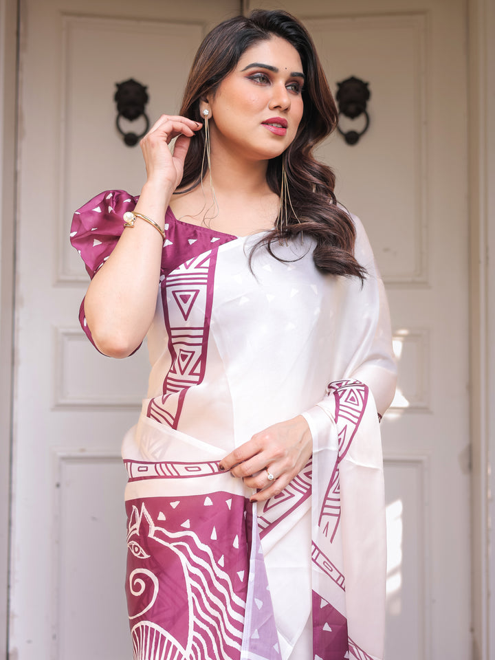 Ivory White & Wine Folk Art Printed Satin Georgette Saree with Tribal Border & Unstitched Blouse – Festive & Ethnic Wear