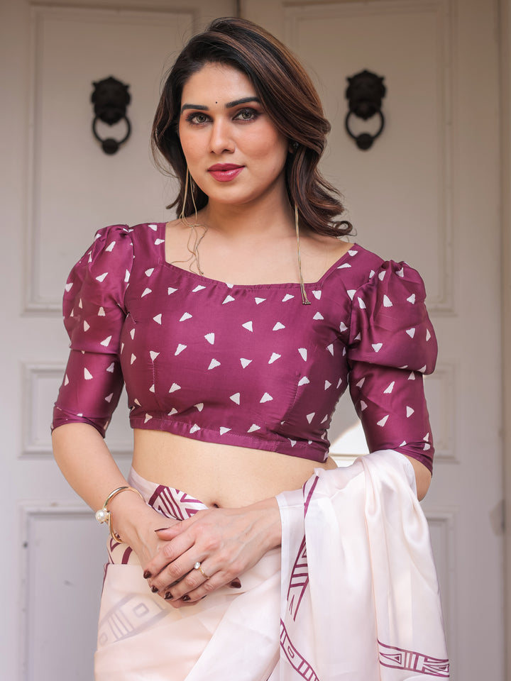 Ivory White & Wine Folk Art Printed Satin Georgette Saree with Tribal Border & Unstitched Blouse – Festive & Ethnic Wear
