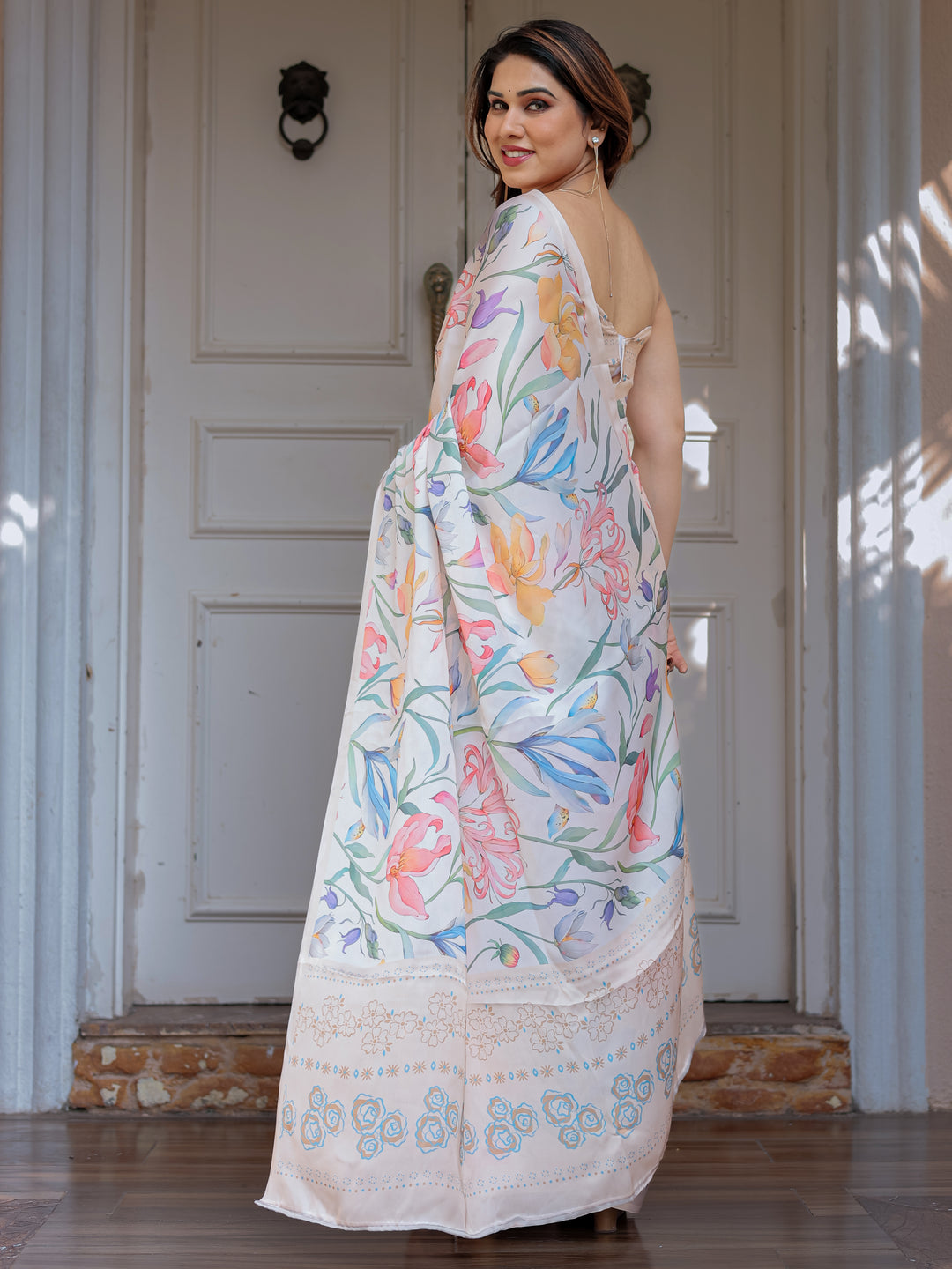 Pastel Floral Printed Satin Georgette Saree with Soft Border & Unstitched Blouse – Elegant Day & Party Wear