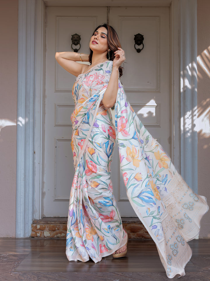 Pastel Floral Printed Satin Georgette Saree with Soft Border & Unstitched Blouse – Elegant Day & Party Wear