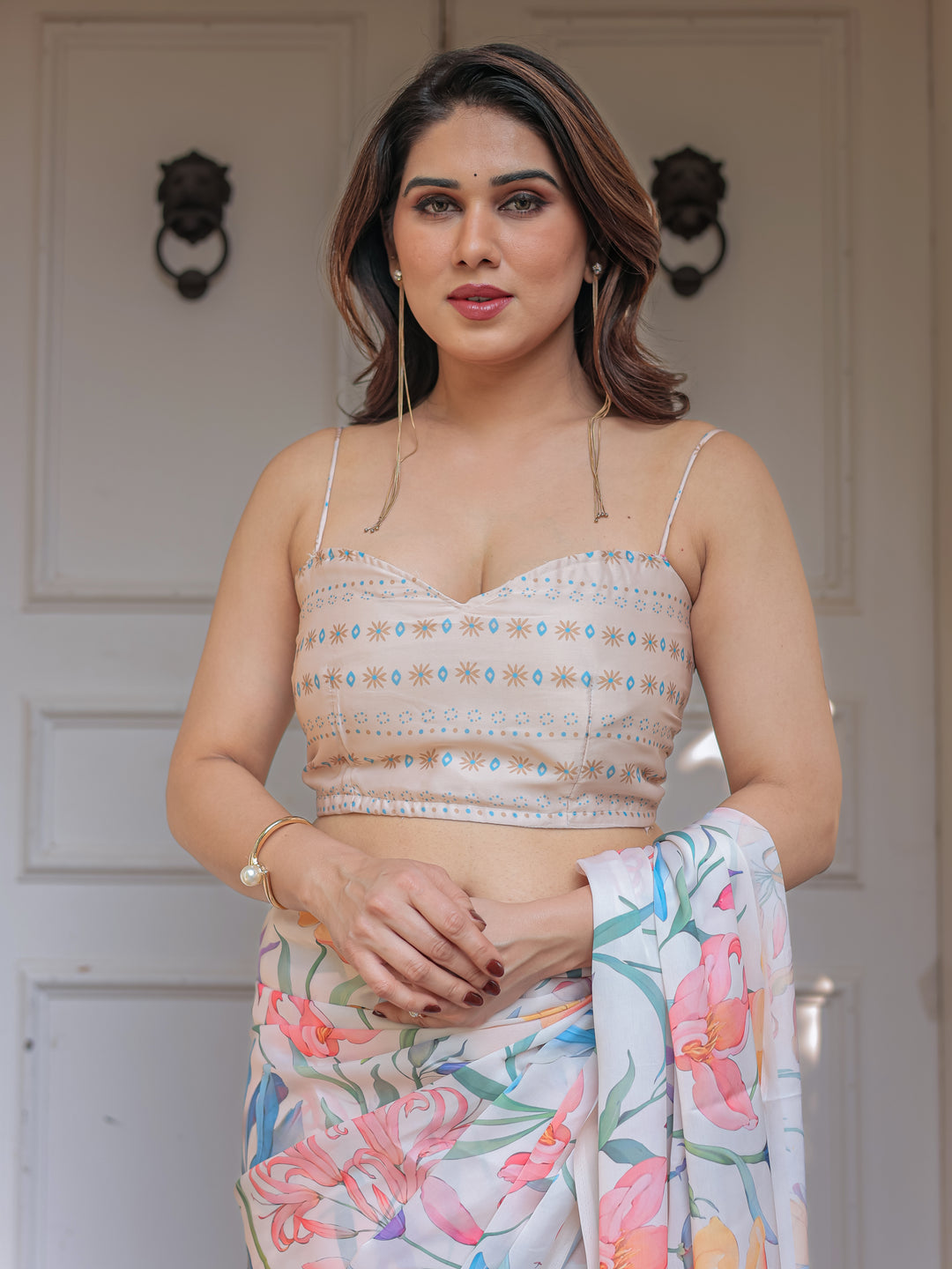 Pastel Floral Printed Satin Georgette Saree with Soft Border & Unstitched Blouse – Elegant Day & Party Wear