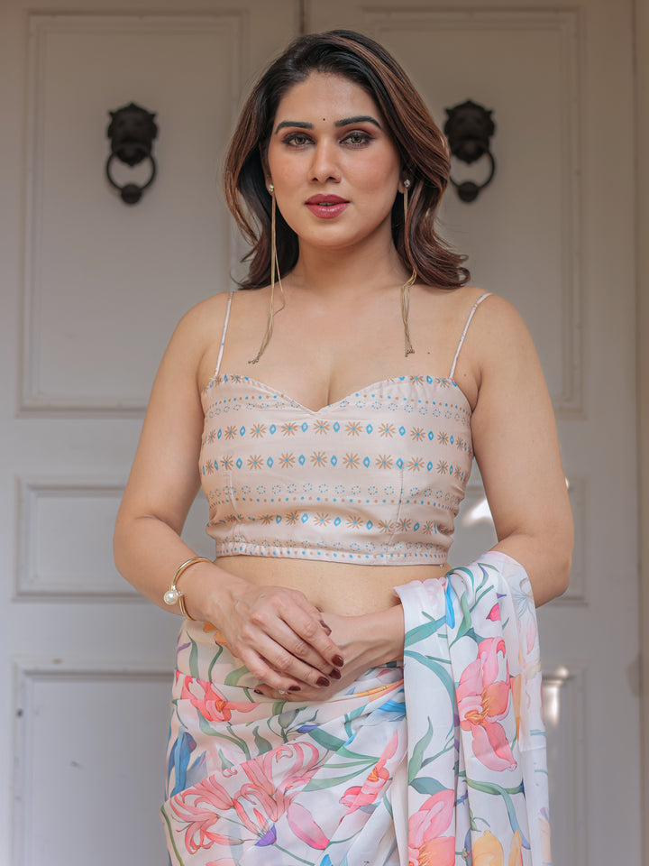 Pastel Floral Printed Satin Georgette Saree with Soft Border & Unstitched Blouse – Elegant Day & Party Wear