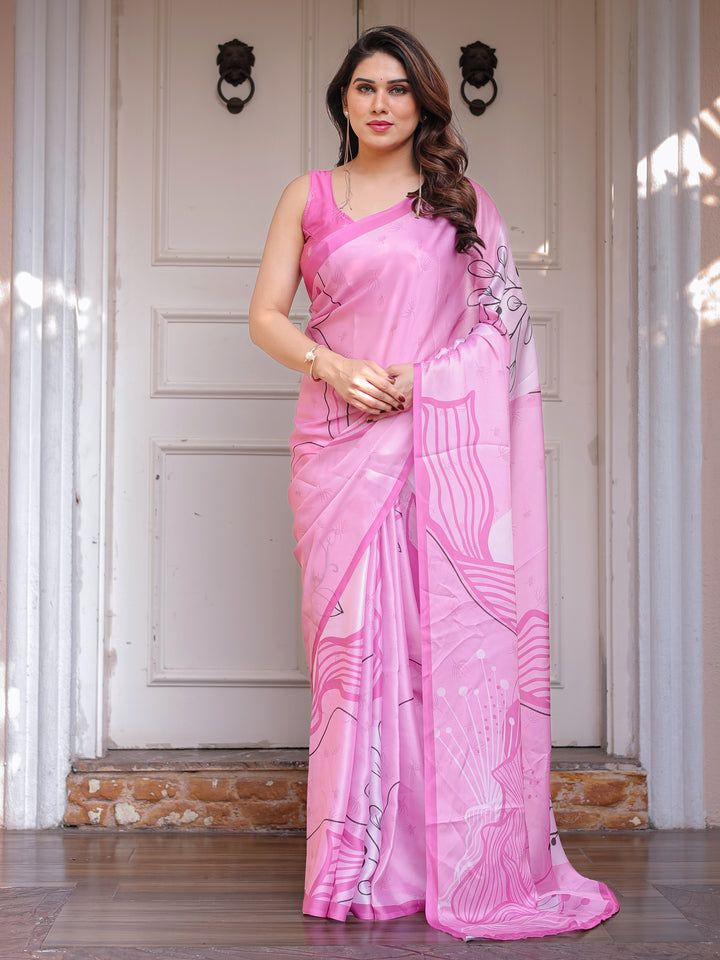 Blush Pink Abstract Printed Satin Georgette Saree with Designer Pallu & Unstitched Blouse – Elegant Day & Party Wear