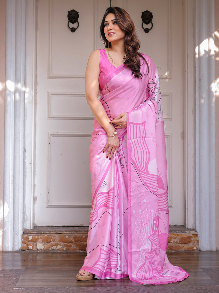 Blush Pink Abstract Printed Satin Georgette Saree with Designer Pallu & Unstitched Blouse – Elegant Day & Party Wear