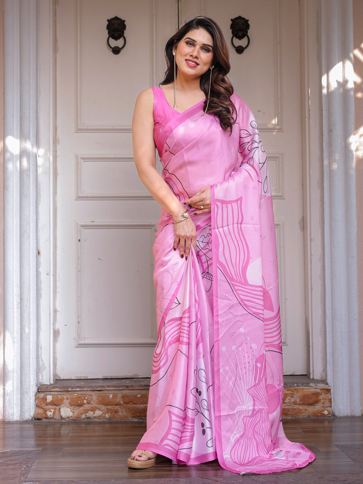 Blush Pink Abstract Printed Satin Georgette Saree with Designer Pallu & Unstitched Blouse – Elegant Day & Party Wear