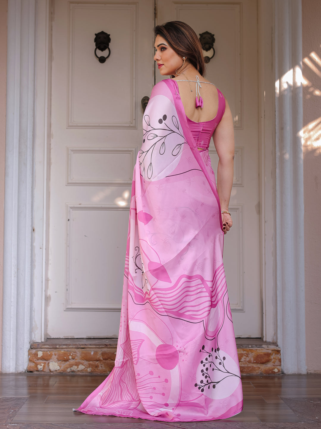 Blush Pink Abstract Printed Satin Georgette Saree with Designer Pallu & Unstitched Blouse – Elegant Day & Party Wear