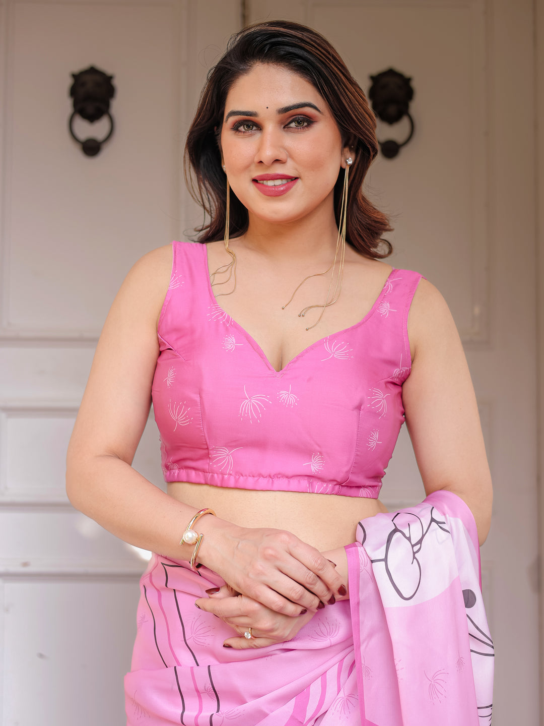 Blush Pink Abstract Printed Satin Georgette Saree with Designer Pallu & Unstitched Blouse – Elegant Day & Party Wear