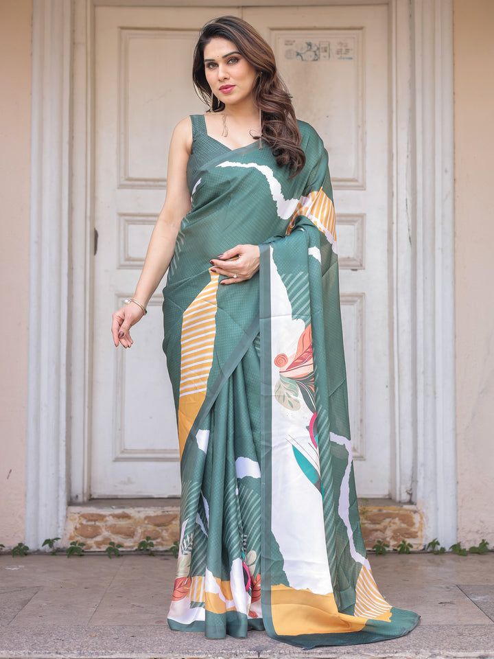 Bottle Green Abstract Printed Satin Georgette Saree with Designer Border & Unstitched Blouse – Modern Party & Office Wear
