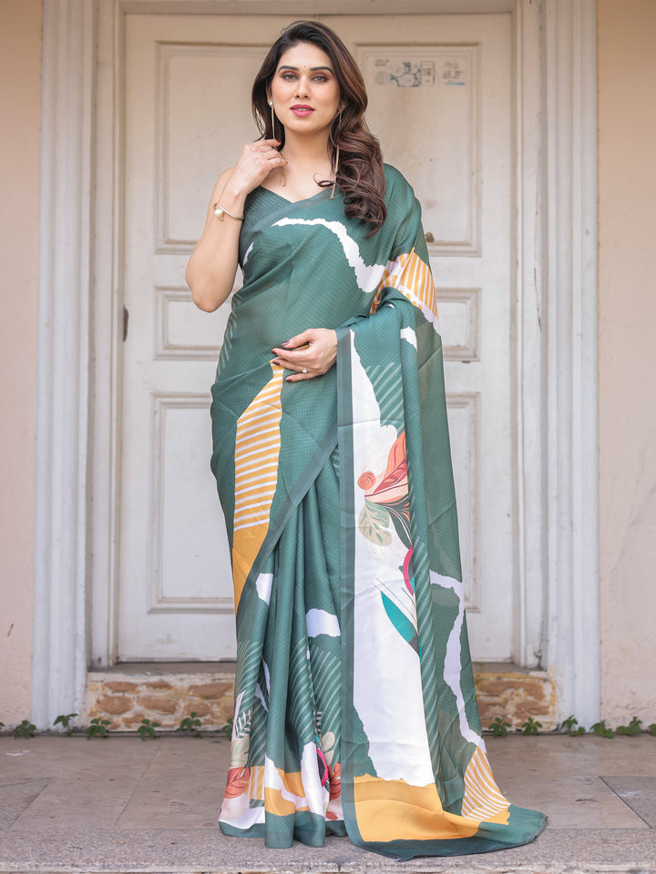 Bottle Green Abstract Printed Satin Georgette Saree with Designer Border & Unstitched Blouse – Modern Party & Office Wear