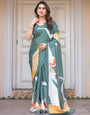Bottle Green Abstract Printed Satin Georgette Saree with Designer Border & Unstitched Blouse – Modern Party & Office Wear