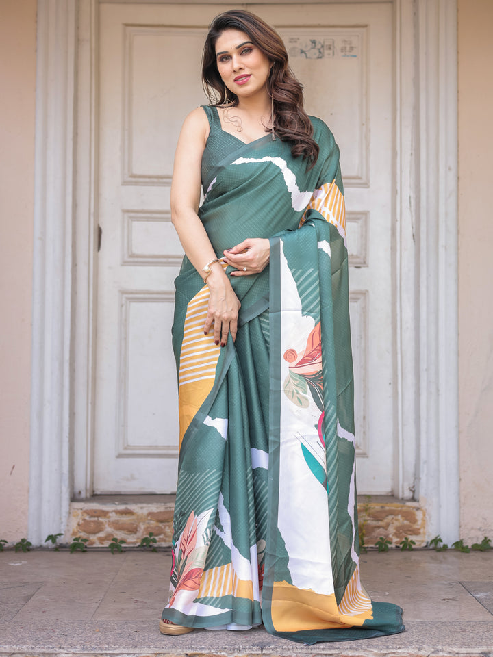 Bottle Green Abstract Printed Satin Georgette Saree with Designer Border & Unstitched Blouse – Modern Party & Office Wear