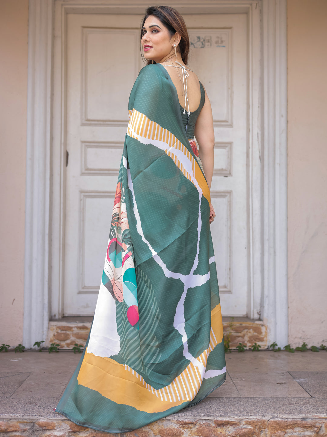 Bottle Green Abstract Printed Satin Georgette Saree with Designer Border & Unstitched Blouse – Modern Party & Office Wear
