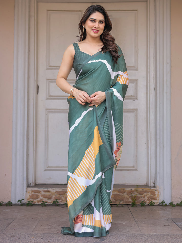 Bottle Green Abstract Printed Satin Georgette Saree with Designer Border & Unstitched Blouse – Modern Party & Office Wear