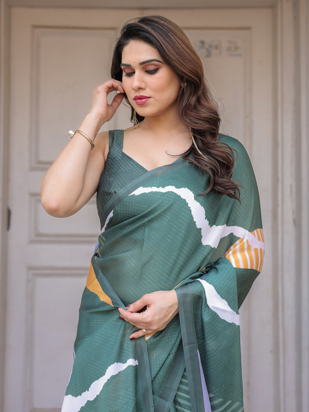 Bottle Green Abstract Printed Satin Georgette Saree with Designer Border & Unstitched Blouse – Modern Party & Office Wear