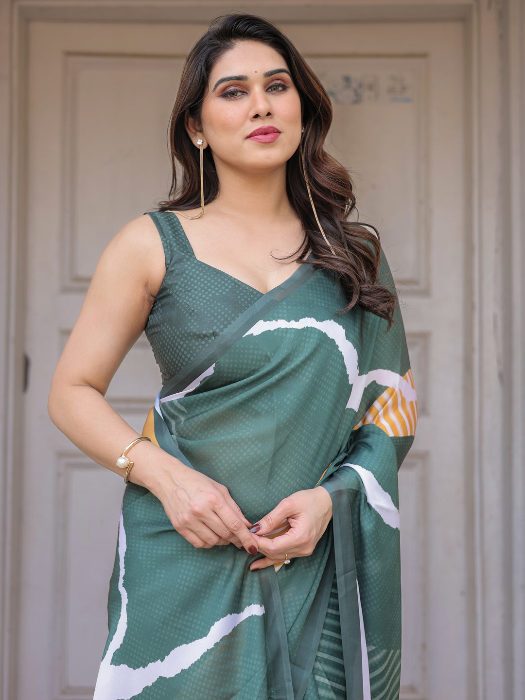 Bottle Green Abstract Printed Satin Georgette Saree with Designer Border & Unstitched Blouse – Modern Party & Office Wear