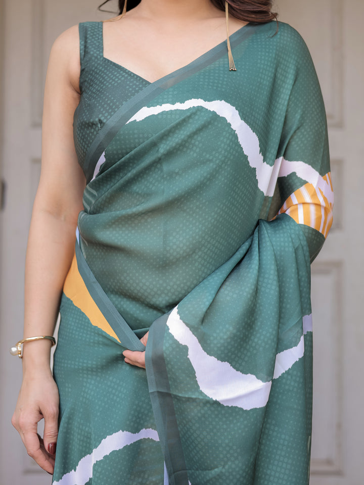 Bottle Green Abstract Printed Satin Georgette Saree with Designer Border & Unstitched Blouse – Modern Party & Office Wear