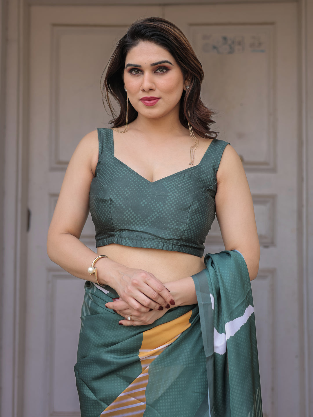 Bottle Green Abstract Printed Satin Georgette Saree with Designer Border & Unstitched Blouse – Modern Party & Office Wear