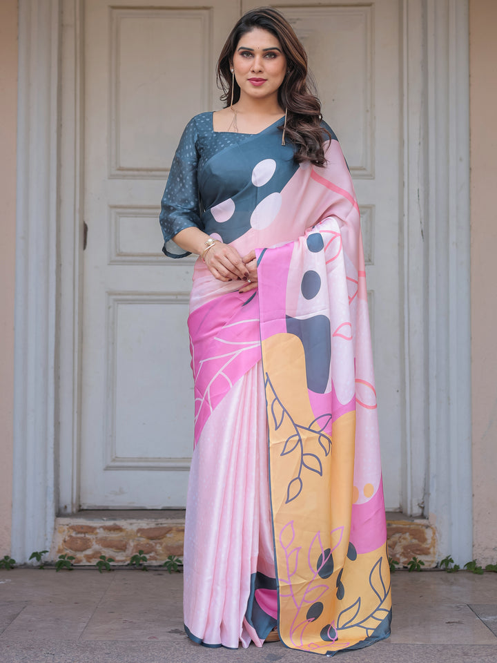Slate Grey & Pink Abstract Designer Satin Georgette Saree with Artistic Pallu & Unstitched Blouse – Modern Party Wear