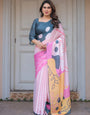 Slate Grey & Pink Abstract Designer Satin Georgette Saree with Artistic Pallu & Unstitched Blouse – Modern Party Wear
