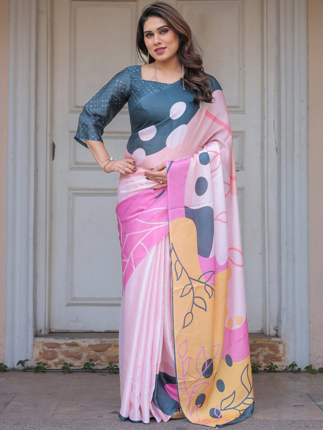 Slate Grey & Pink Abstract Designer Satin Georgette Saree with Artistic Pallu & Unstitched Blouse – Modern Party Wear