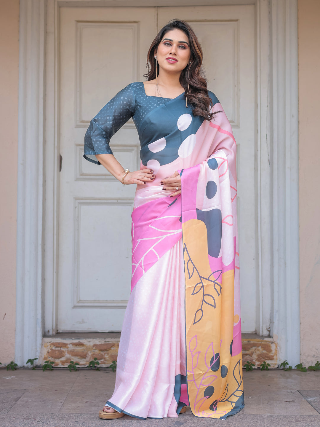 Slate Grey & Pink Abstract Designer Satin Georgette Saree with Artistic Pallu & Unstitched Blouse – Modern Party Wear