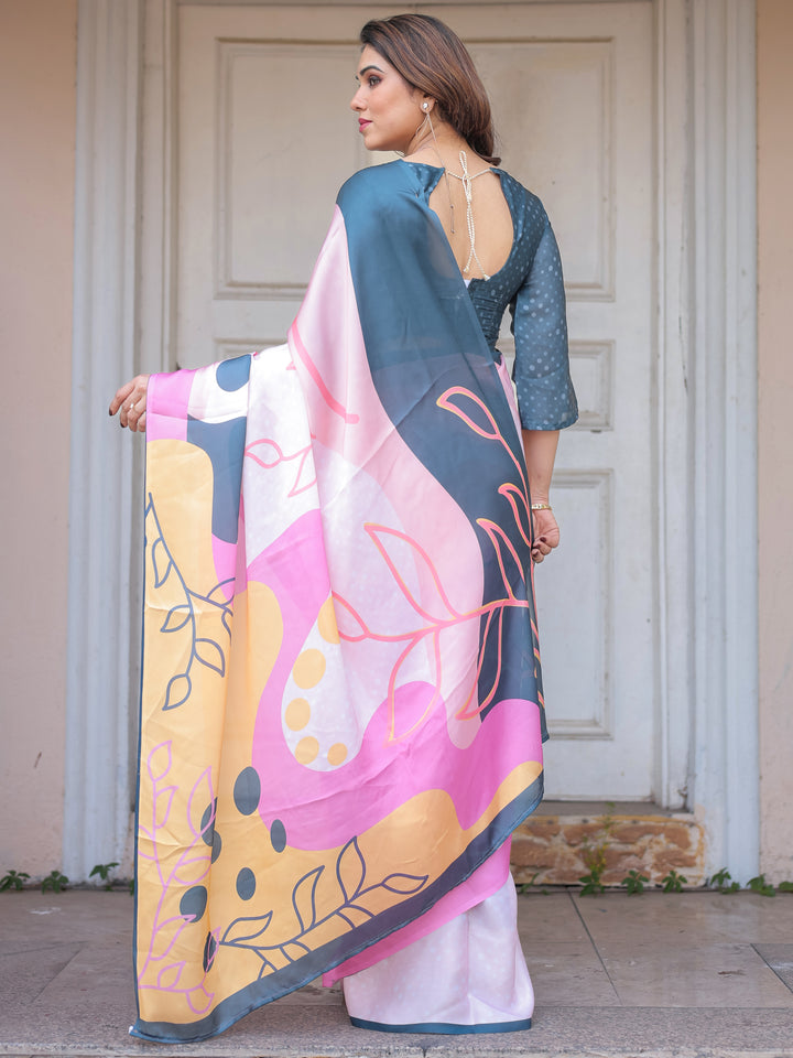 Slate Grey & Pink Abstract Designer Satin Georgette Saree with Artistic Pallu & Unstitched Blouse – Modern Party Wear
