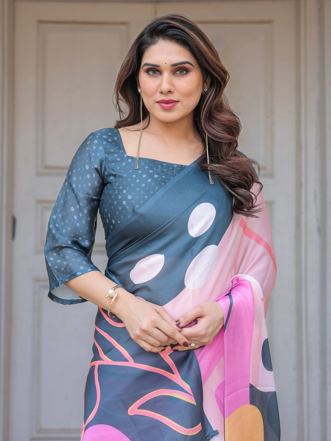 Slate Grey & Pink Abstract Designer Satin Georgette Saree with Artistic Pallu & Unstitched Blouse – Modern Party Wear