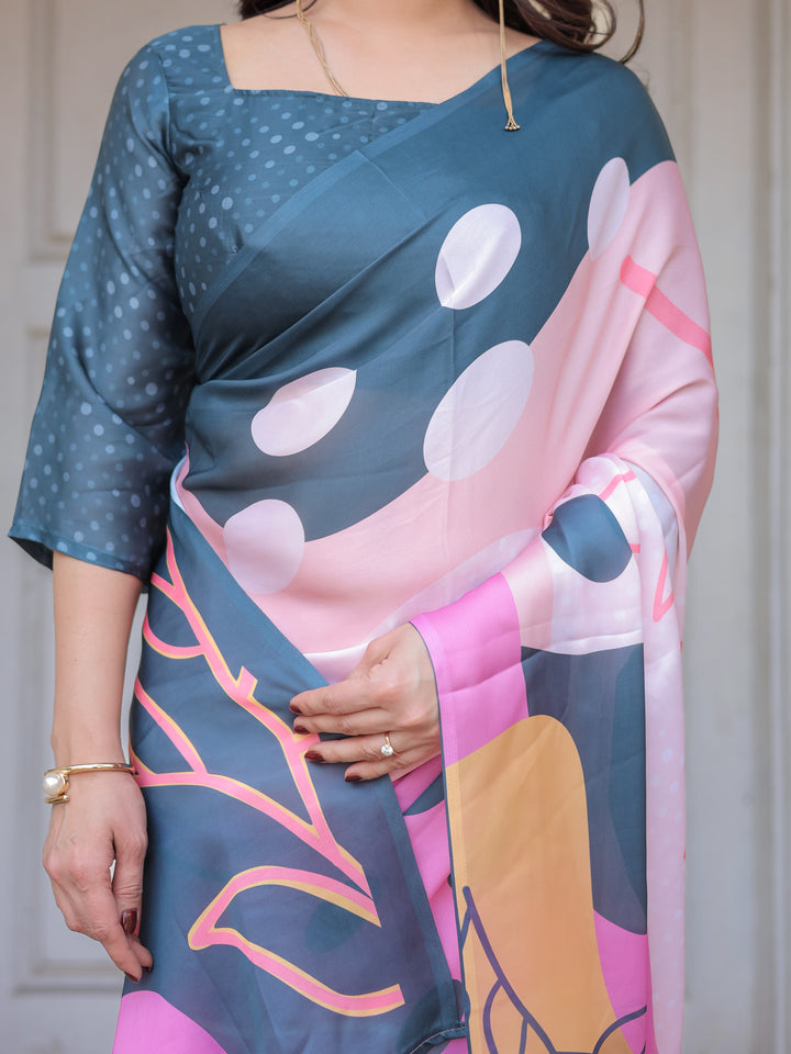 Slate Grey & Pink Abstract Designer Satin Georgette Saree with Artistic Pallu & Unstitched Blouse – Modern Party Wear