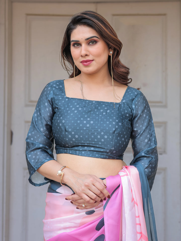 Slate Grey & Pink Abstract Designer Satin Georgette Saree with Artistic Pallu & Unstitched Blouse – Modern Party Wear