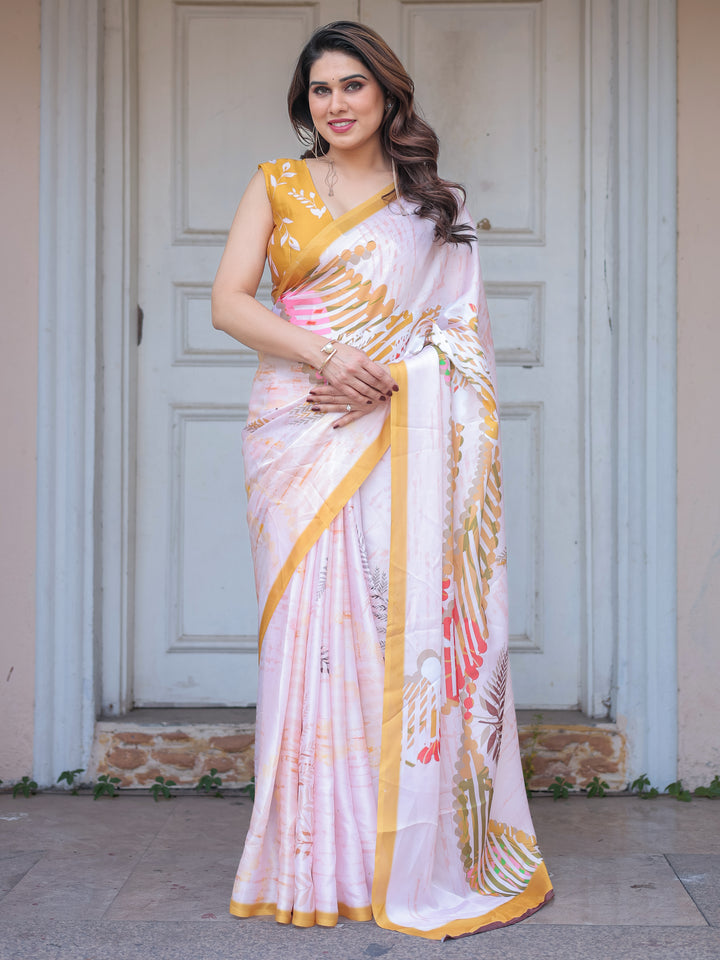 Ivory White Botanical Printed Satin Georgette Saree with Mustard Border & Unstitched Blouse – Elegant Festive & Day Wear