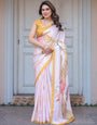 Ivory White Botanical Printed Satin Georgette Saree with Mustard Border & Unstitched Blouse – Elegant Festive & Day Wear