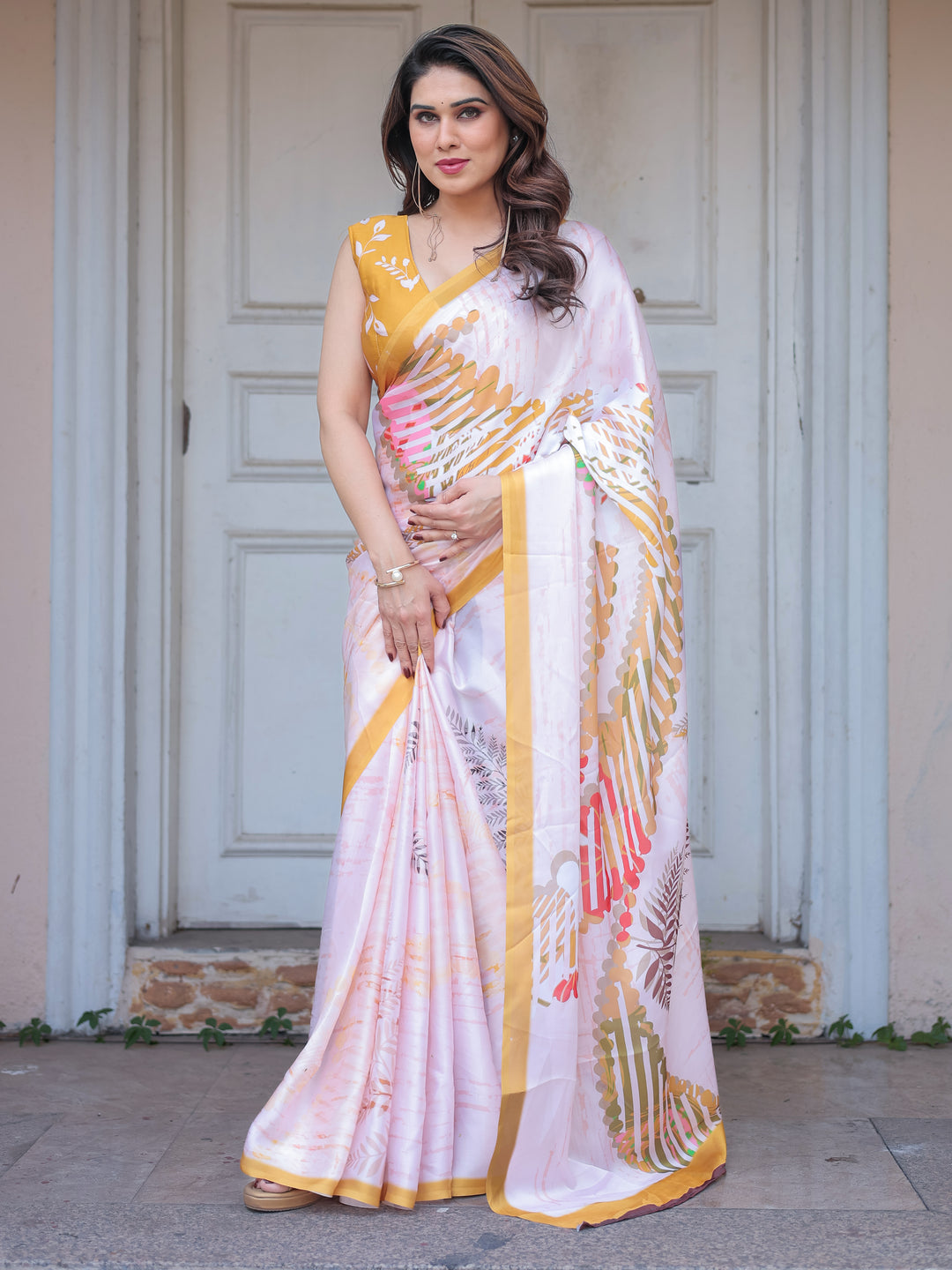 Ivory White Botanical Printed Satin Georgette Saree with Mustard Border & Unstitched Blouse – Elegant Festive & Day Wear