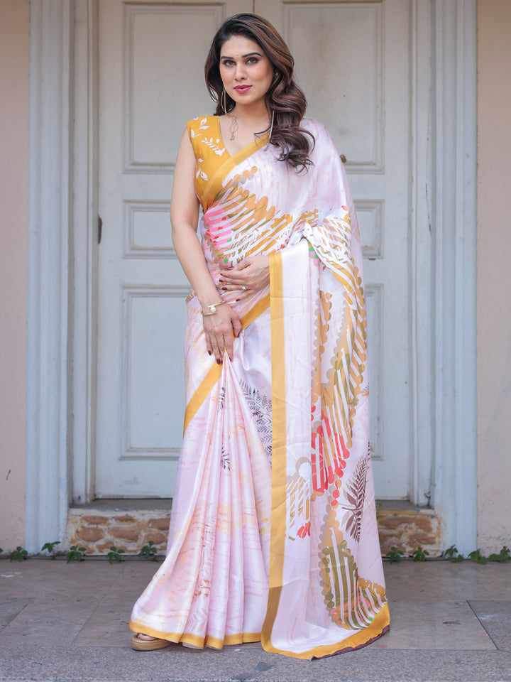 Ivory White Botanical Printed Satin Georgette Saree with Mustard Border & Unstitched Blouse – Elegant Festive & Day Wear