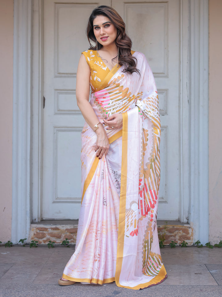 Ivory White Botanical Printed Satin Georgette Saree with Mustard Border & Unstitched Blouse – Elegant Festive & Day Wear